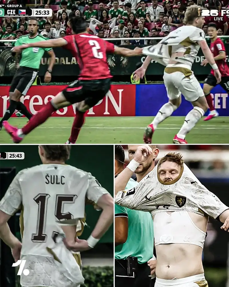 A torn football jersey on a player during a match, highlighting the fragility issue.