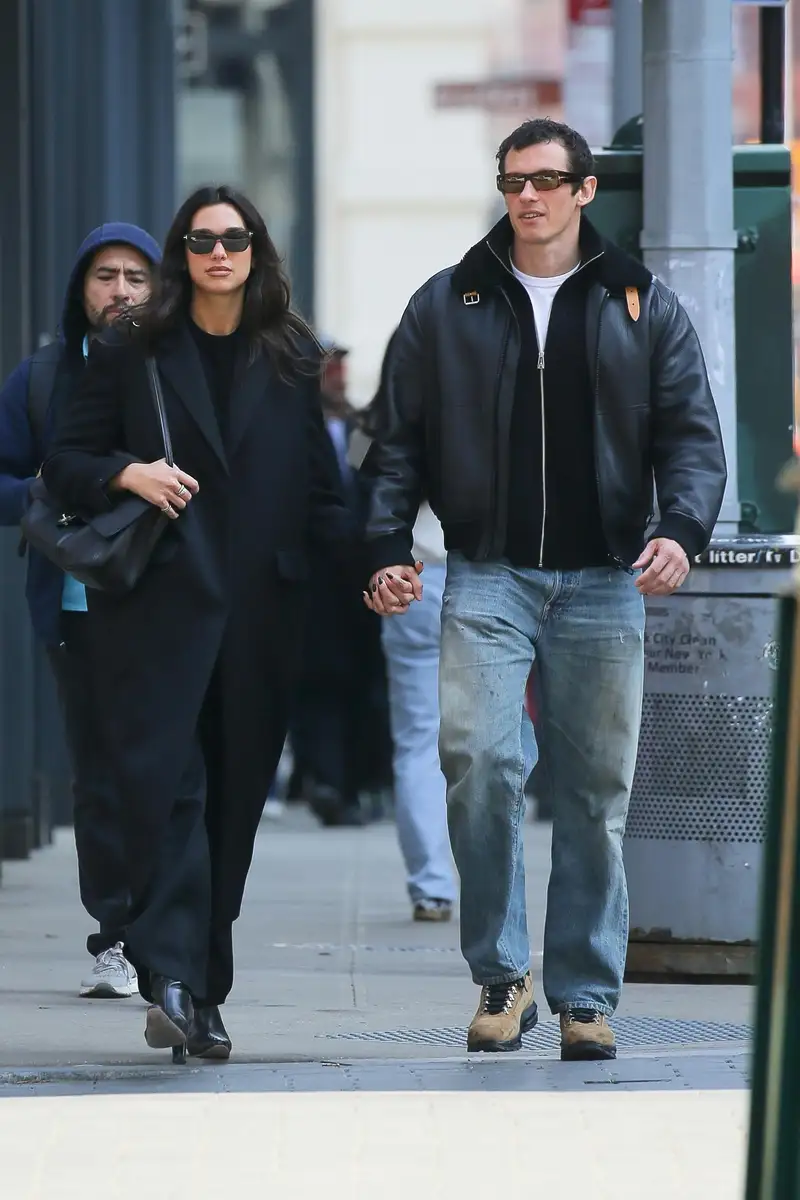 Callum Turner and Dua Lipa styling casual workwear